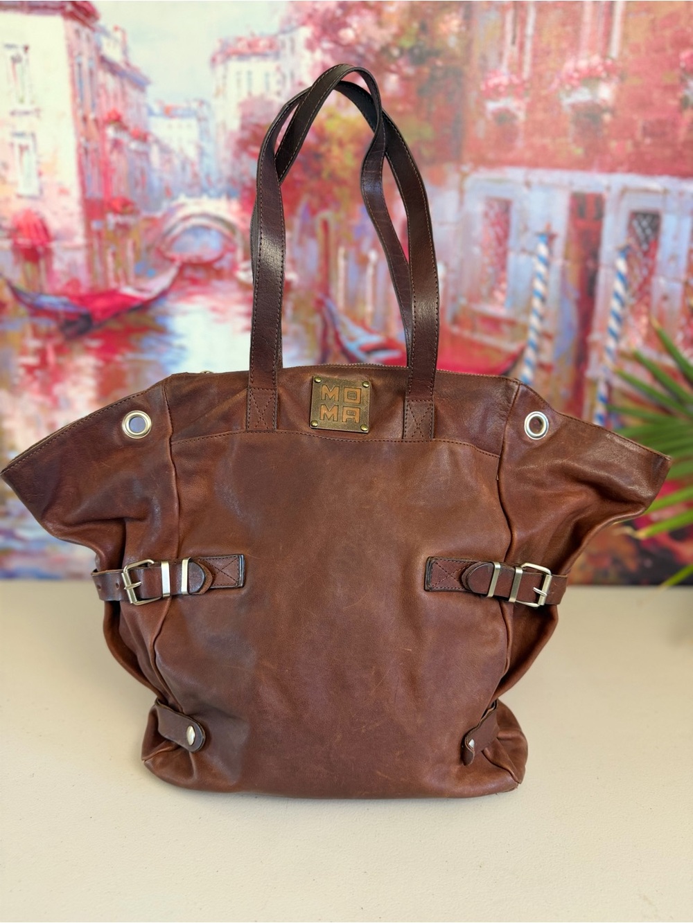 Vintage MOMA Distressed Brown Leather Slouchy Buckle Tote Bag